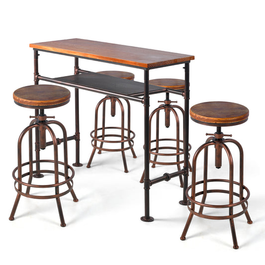 SET OF 5,Table & Chair Sets, Heavy Duty Weld Metal Legs Wood Top, Rustic Brown Industrial Copper, 1×41.34" H Industrial Rectangular Pub Bar Table with Extra Shelf for Storage, 4×26"-32.3"H Adjustable Swivel Stools