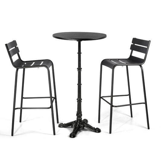 SET OF 3, Patio Balcony Front porch Bar Set, Cocktail Bistro Bar Height Pub Table &amp; Stools Set, 43.3" Tall Metal Round Standing Table and 2 Metal Dining Chairs with back, Chairs Seat height 31.4", Table top Dia 23.62"