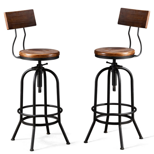 Set of 2 Industrial Swivel Bar Stools with Backrest 26-32 inch Height Adjustable Vintage Kitchen Dining Island Counter Stool Office Guest Chair