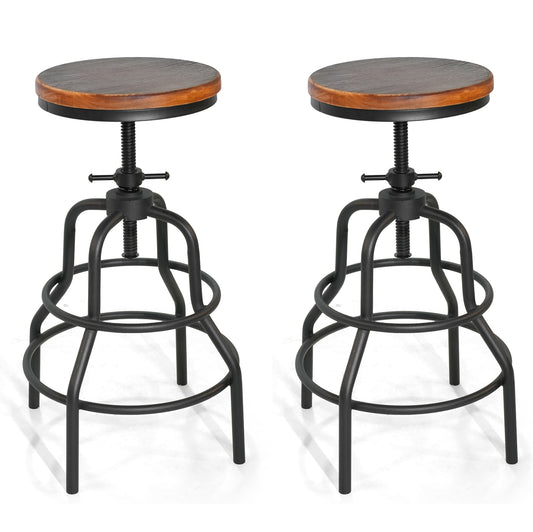 Vintage Industrial Bar Stool-Rustic Swivel Bar Stool-Round Wood Metal Stool-Counter/Bar Height Adjustable Pipe Stool-Cast Steel Stool 23.62"-29.52" (Set of 2)