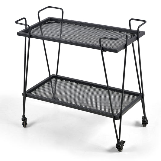 Modern Kitchen Bar Cart on Wheels Metal Rolling Serving Carts with 2 Tier for Storage Mobile Kitchen Island with Lockable Casters and Side Handle for Outdoor&amp; Indoor（Black）