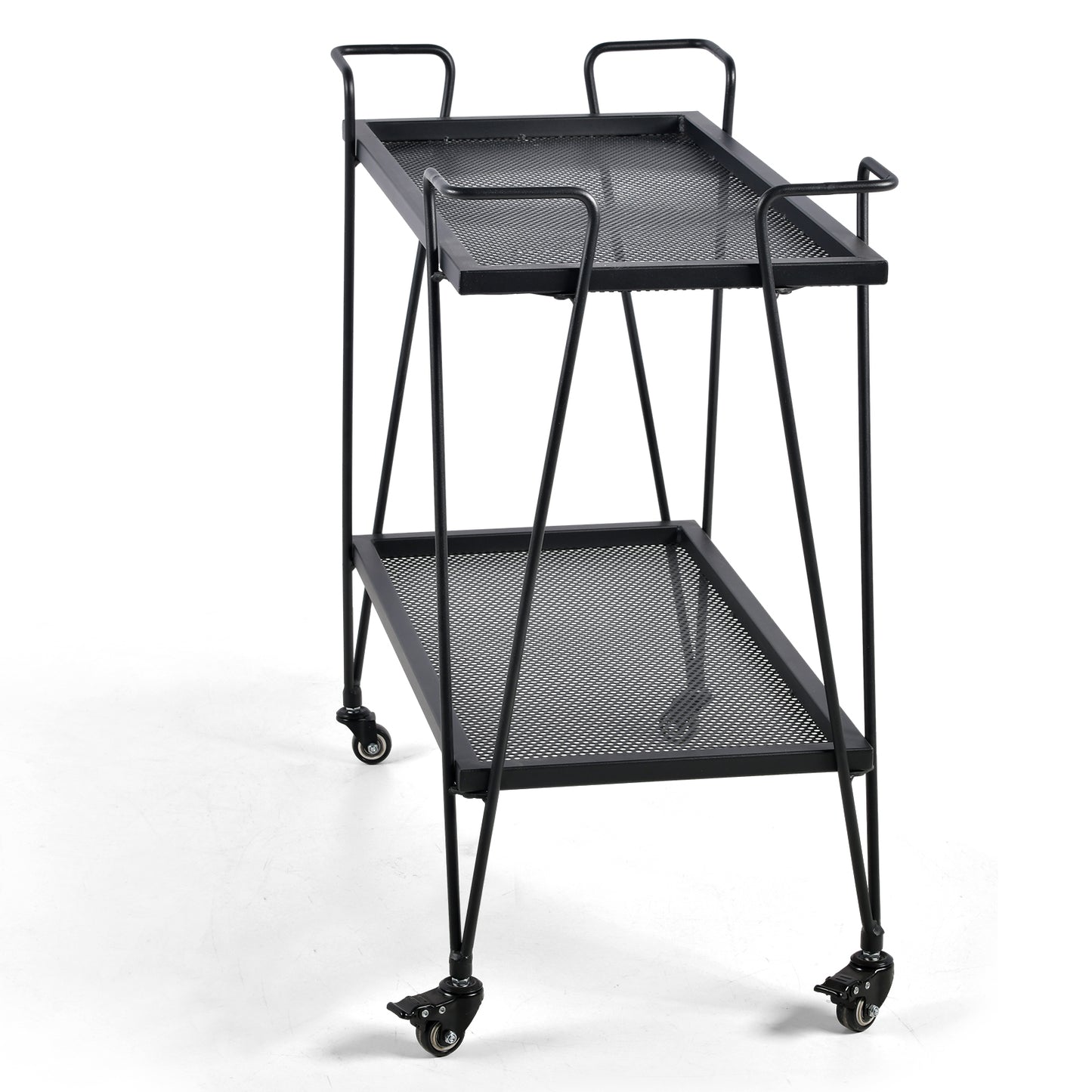 Modern Kitchen Bar Cart on Wheels Metal Rolling Serving Carts with 2 Tier for Storage Mobile Kitchen Island with Lockable Casters and Side Handle for Outdoor&amp; Indoor（Black）