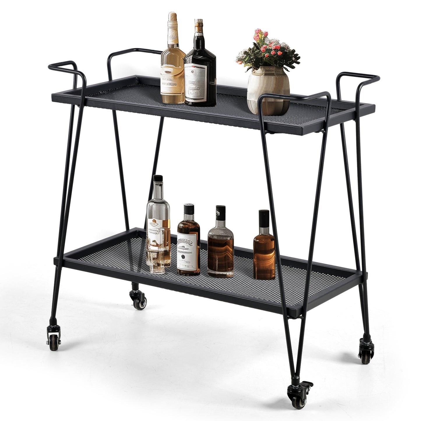 Modern Kitchen Bar Cart on Wheels Metal Rolling Serving Carts with 2 Tier for Storage Mobile Kitchen Island with Lockable Casters and Side Handle for Outdoor&amp; Indoor（Black）