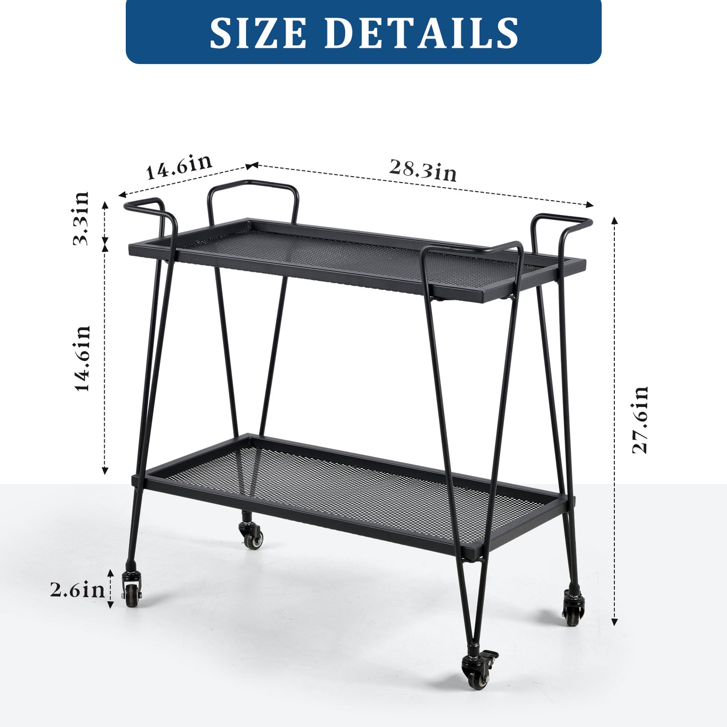 Modern Kitchen Bar Cart on Wheels Metal Rolling Serving Carts with 2 Tier for Storage Mobile Kitchen Island with Lockable Casters and Side Handle for Outdoor&amp; Indoor（Black）