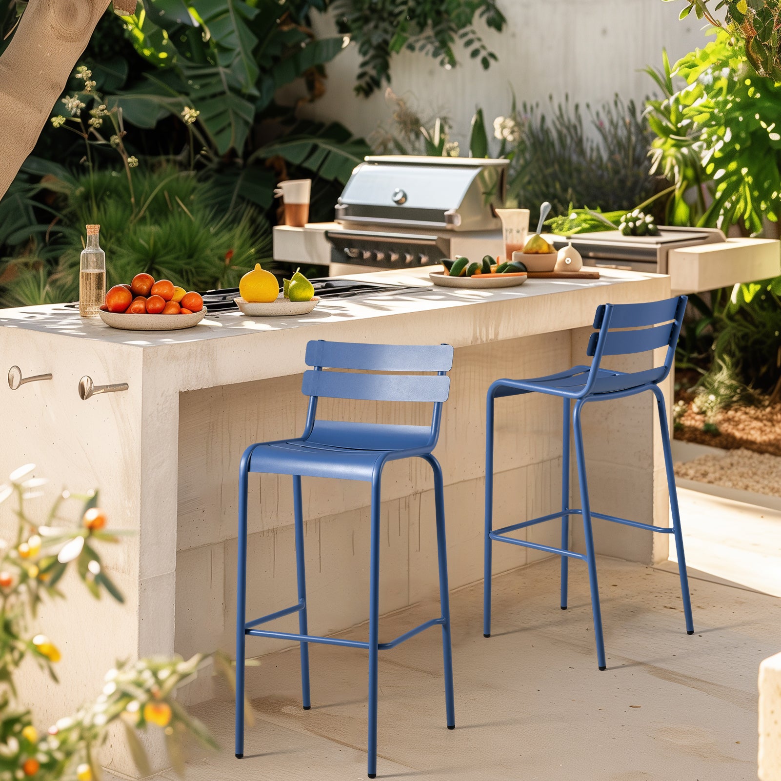SET OF 2 Metal Bar Stools with Backrest Extra Tall Patio Chairs Moder TOPOWERLIVING