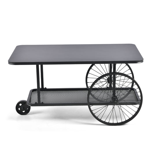 Black Factory Cart Coffee Table, Vintage Center Table with Wheels for Living Room, Rectangular, Metal, Farmhouse, 39.37 Inches, Rustic Black