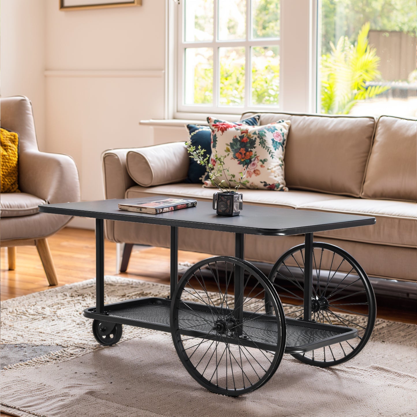 Black Factory Cart Coffee Table, Vintage Center Table with Wheels for Living Room, Rectangular, Metal, Farmhouse, 39.37 Inches, Rustic Black