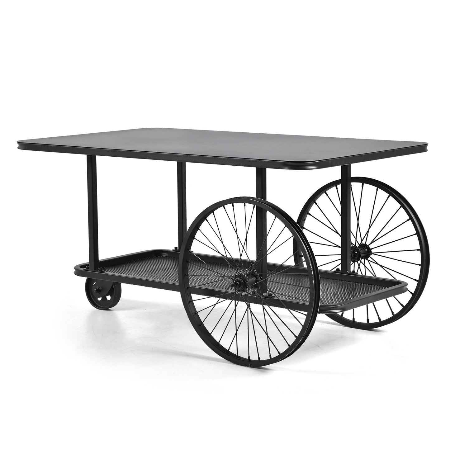 Black Factory Cart Coffee Table, Vintage Center Table with Wheels for Living Room, Rectangular, Metal, Farmhouse, 39.37 Inches, Rustic Black