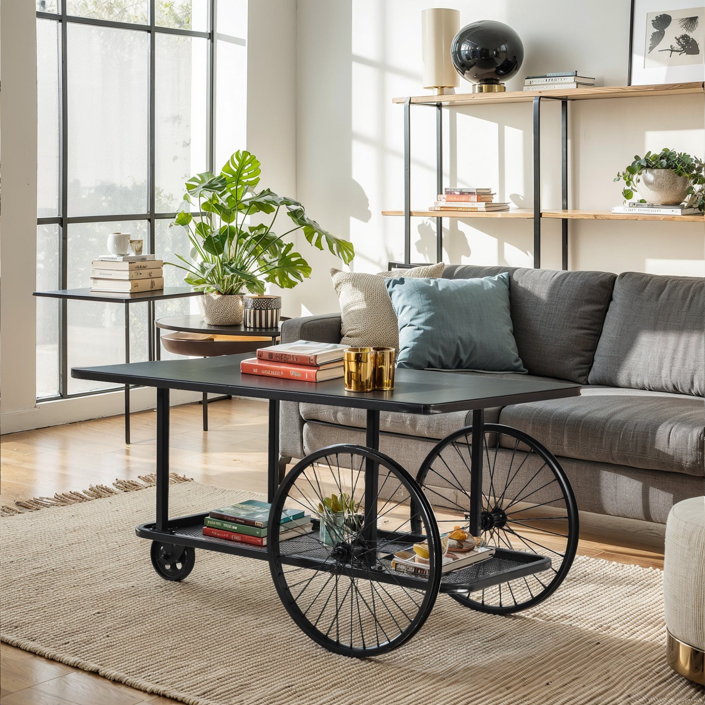 Black Factory Cart Coffee Table, Vintage Center Table with Wheels for Living Room, Rectangular, Metal, Farmhouse, 39.37 Inches, Rustic Black