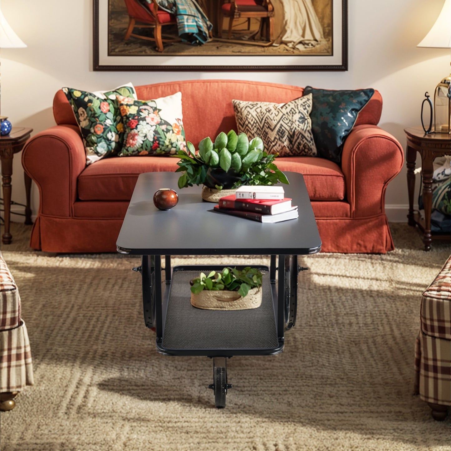 Black Factory Cart Coffee Table, Vintage Center Table with Wheels for Living Room, Rectangular, Metal, Farmhouse, 39.37 Inches, Rustic Black