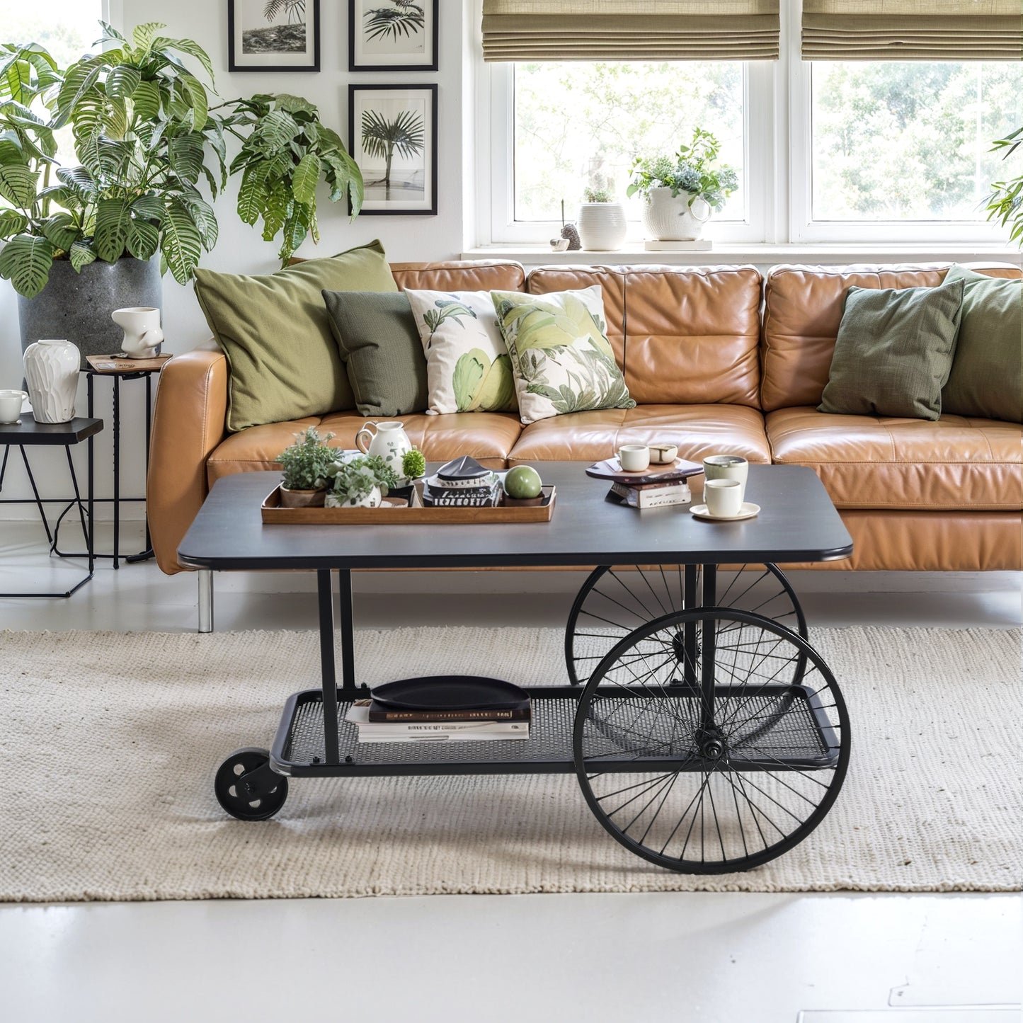 Black Factory Cart Coffee Table, Vintage Center Table with Wheels for Living Room, Rectangular, Metal, Farmhouse, 39.37 Inches, Rustic Black