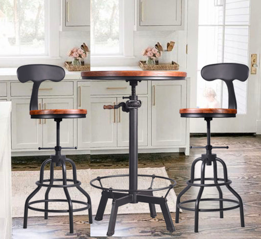 Set of 3-Crank Handle Bar Table (33.47"-39.37") & 2 Backrests Stools (20.5"-25.6") Set for Pub Kitchen Dining Living Party Bistro Breakfast, Swivel Top, Height Adjustable, Mostly Weld, Space-Saving