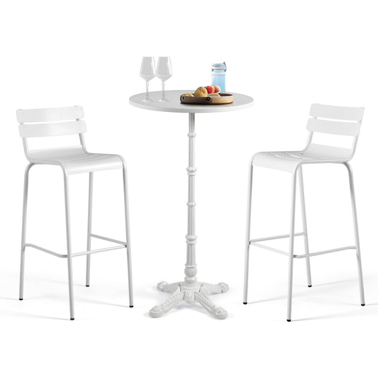 SET OF 3, Patio Balcony Front porch Bar Set, Cocktail Bistro Bar Height Pub Table &amp; Stools Set, 43.3" Tall Metal Round Standing Table and 2 Metal Dining Chairs with back, Chairs Seat height 31.4", Table top Dia 23.62"