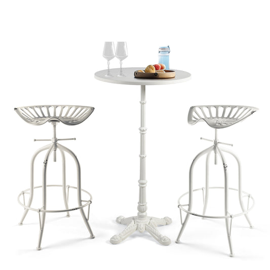 SET OF 3, Patio Balcony Front porch Bar Set, Cocktail Bistro Bar Height Pub Table &amp; Stools Set, 43.3" Tall Metal Round Standing Table and 2 Cast Iron Tractor Seat Bar Stool, Chairs Seat Adjustable height 28.7-34.61", Table top Dia 23.62" (White)