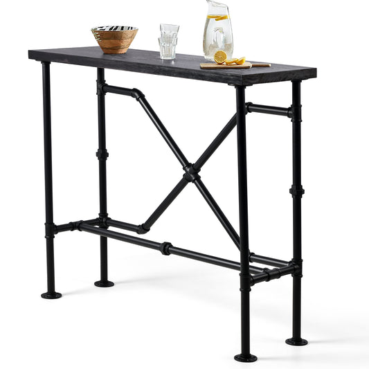 Bar Table, 47.24"L×41.33"H Bar Height Pub Table High Top Rectangular Sofa Console Table Kitchen Dining Coffee Table, for Narrow Space, Living Room, Indoor, Industrial Black Metal, Rustic Dark Brown Wood