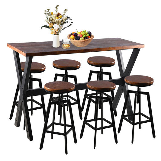 Set Of 7, Table & Chairs Set, Space-Saving Furniture for Home Bar Dining Cafe Pub Party, Industrial Black Metal & Rustic Brown Wood, Heavy Duty, X-leg Rectangular Table, 6 Swivel Adjustable Bar stools