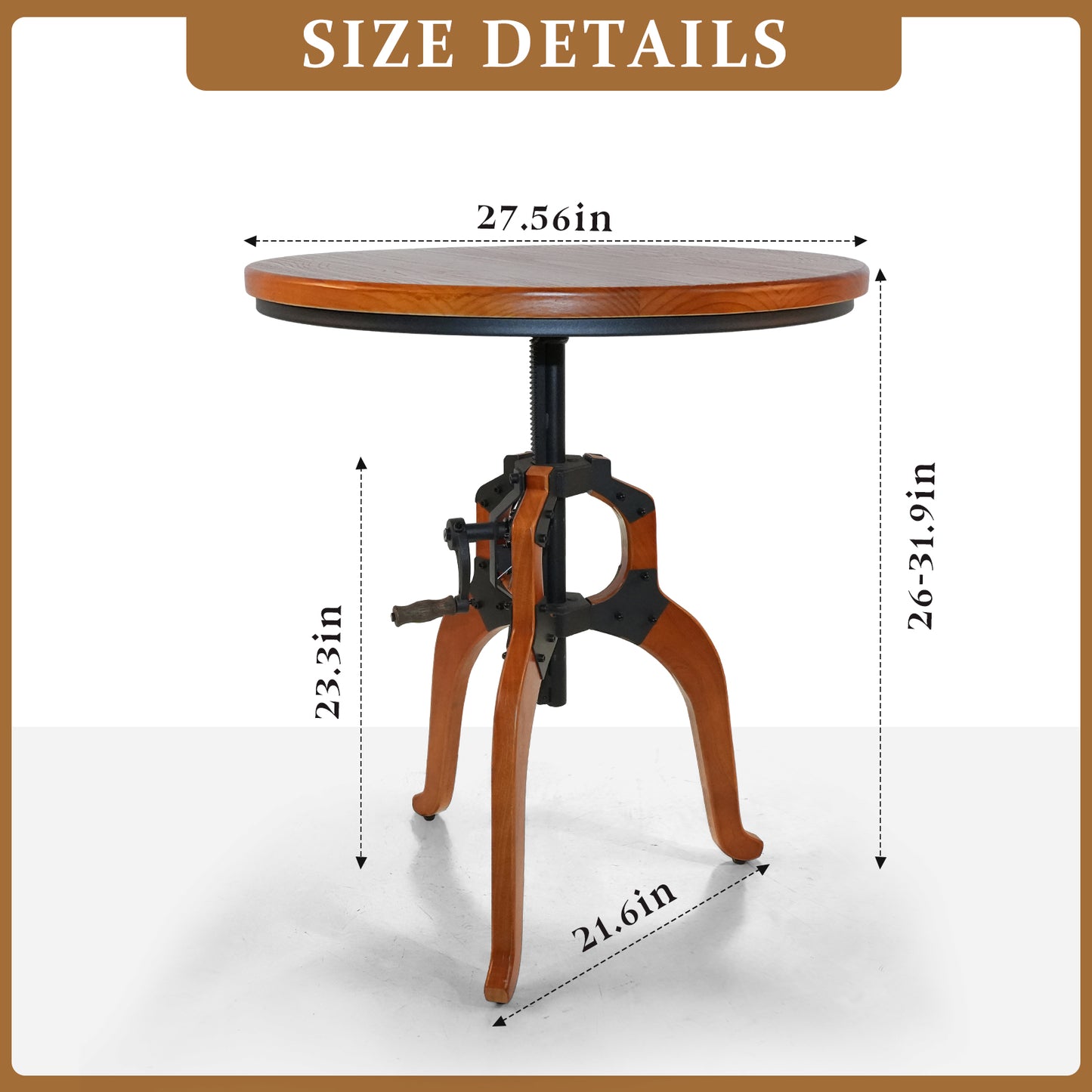 American Antique Industrial DIY Crank Table Wooden Three-Legged Table Bar Table Accent End Table