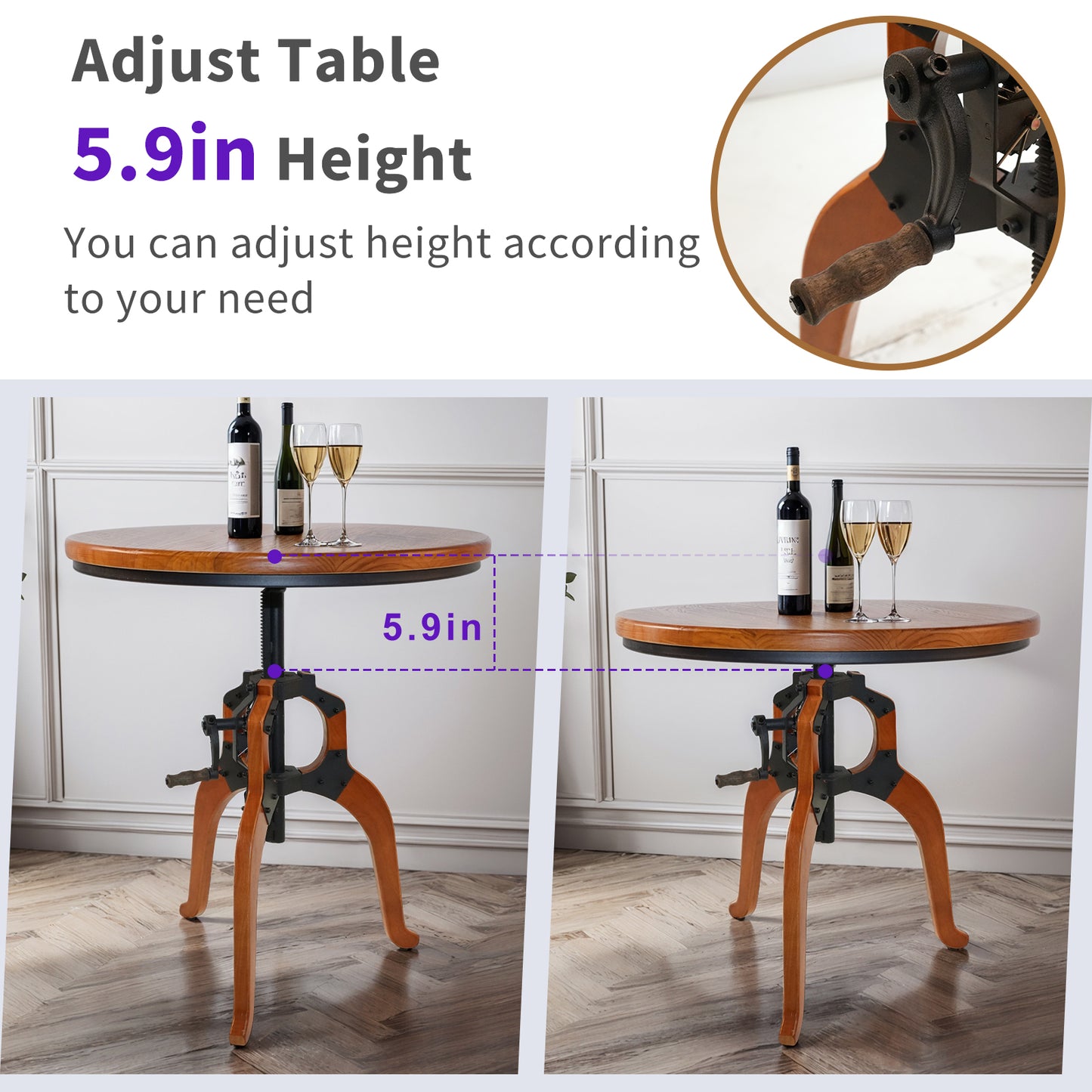 American Antique Industrial DIY Crank Table Wooden Three-Legged Table Bar Table Accent End Table