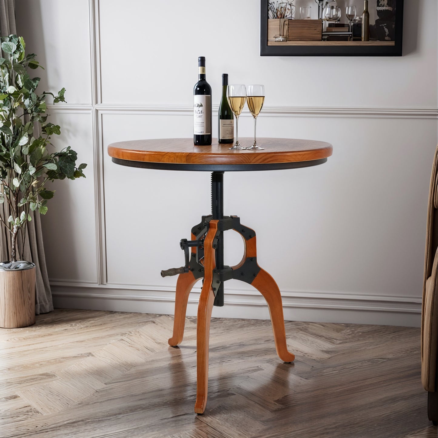 American Antique Industrial DIY Crank Table Wooden Three-Legged Table Bar Table Accent End Table