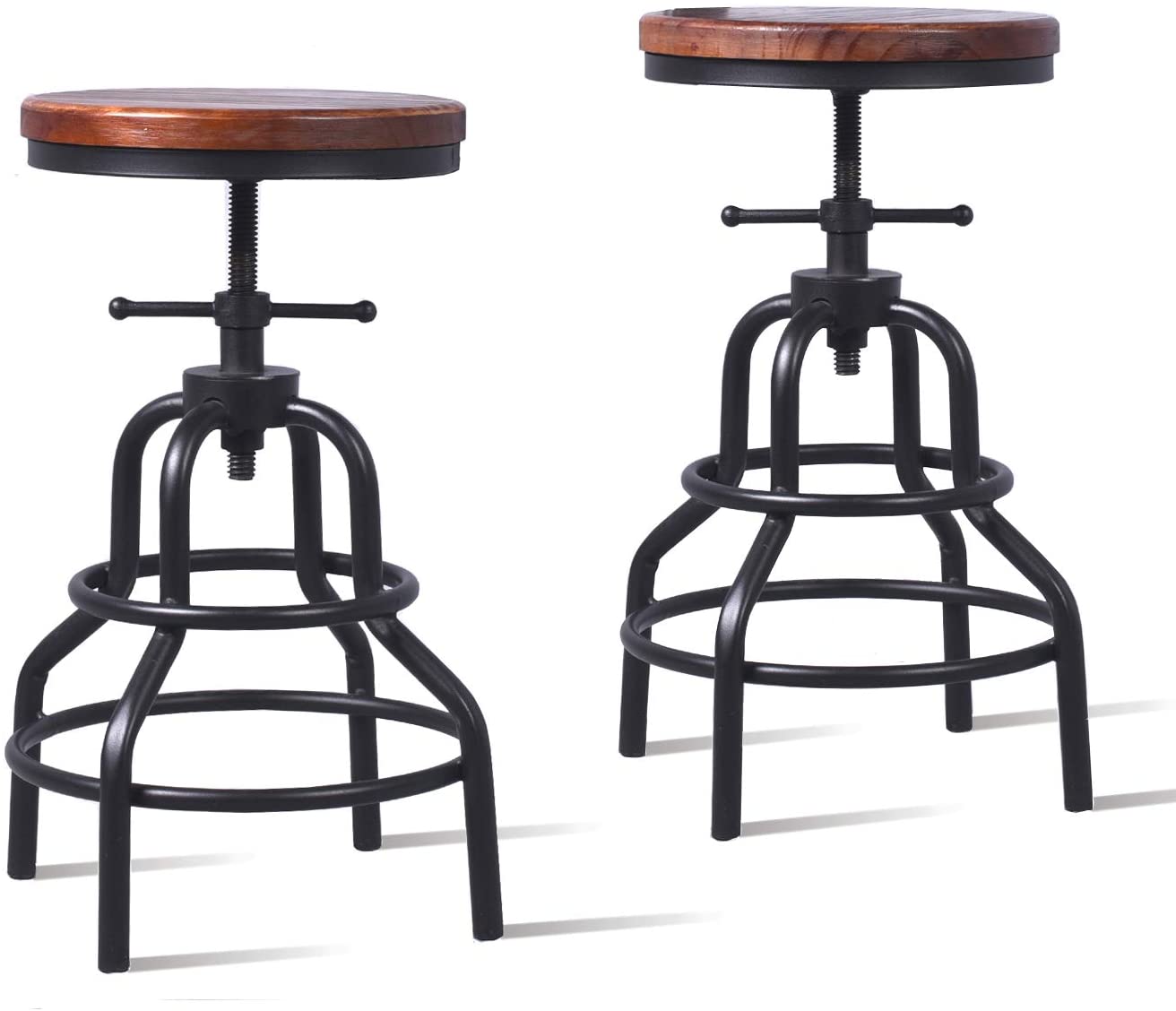 American Antique Industrial Design Metal Adjustable Height Bar Stool Chair Kitchen Dining Breakfast Chair Natural Pinewood Industrial Style (Black 2pcs)