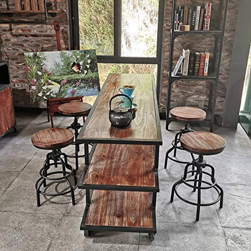 American Antique Industrial Design Metal Adjustable Height Bar Stool Chair Kitchen Dining Breakfast Chair Natural Pinewood Industrial Style (Black 2pcs)