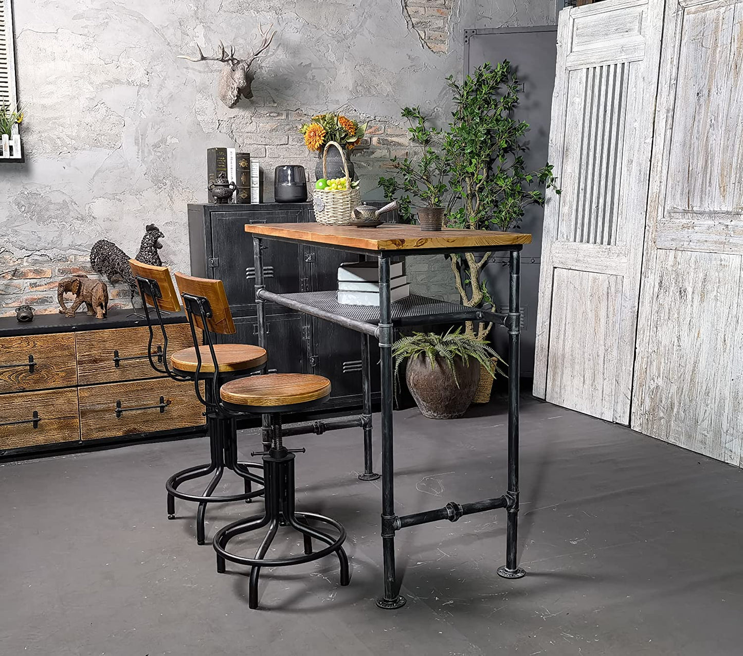 American Antique Industrial Design Metal Adjustable Height Kitchen Dining Breakfast Chair Industrial Style Bar Stool Fully Welded 18.5-22.4 inch Set of 2 (Black, Wooden Top)