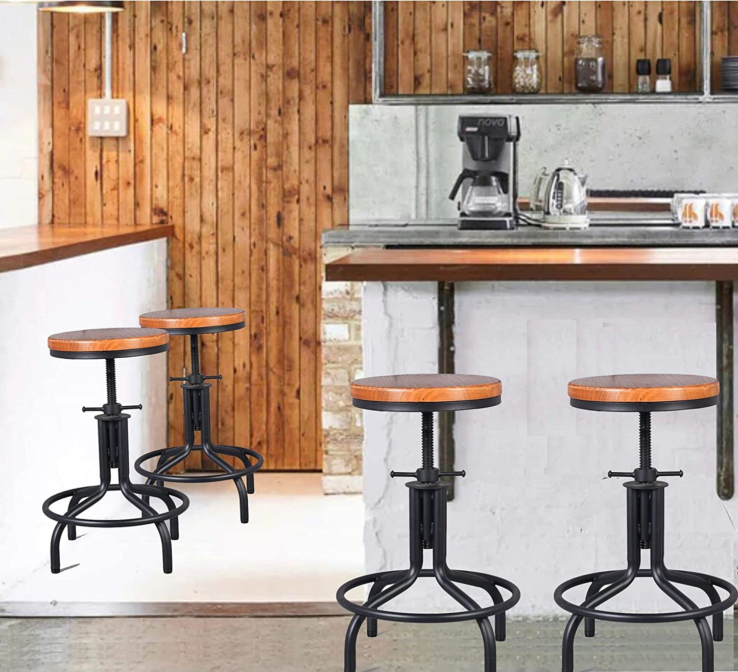 American Antique Industrial Design Metal Adjustable Height Kitchen Dining Breakfast Chair Industrial Style Bar Stool Fully Welded 18.5-22.4 inch Set of 2 (Black, Wooden Top)