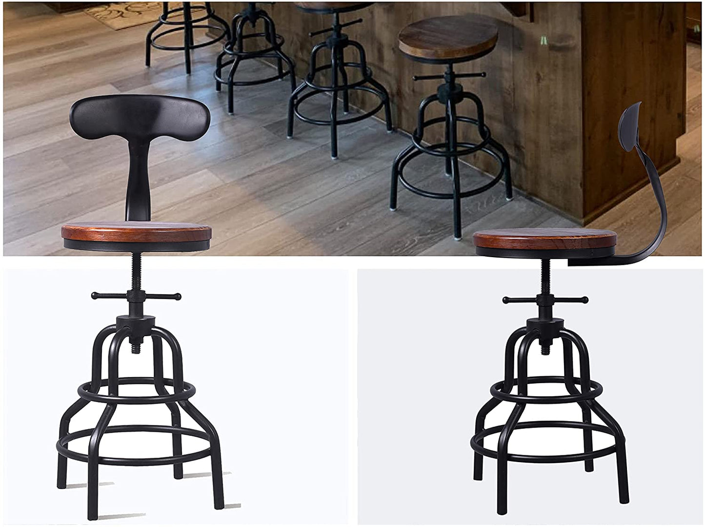 Adjustable Swivel Kitchen Counter Stool with Backs-20.47"-25.59" Tall Rustic Farmhouse Industrial Bar Stools Set of 2 Breakfast Dining Cafe Stool,Welded Legs Black Metal Wooden Seat