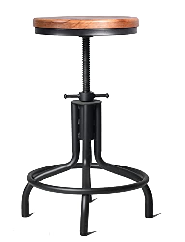 American Antique Industrial Design Metal Adjustable Height Kitchen Dining Breakfast Chair Industrial Style Bar Stool Fully Welded 18.5-22.4 inch Set of 2 (Black, Wooden Top)