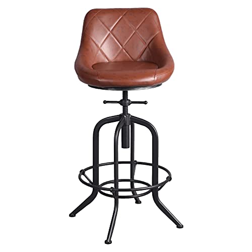 Bar Stool Counter Height Adjustable Swivel Bar Chair with Back ,Rustic Bar Stool with Cushion Seat Pu Leather Kitchen Counter Stool Dining Chair,Fully Welded,22.8"-30.7" H