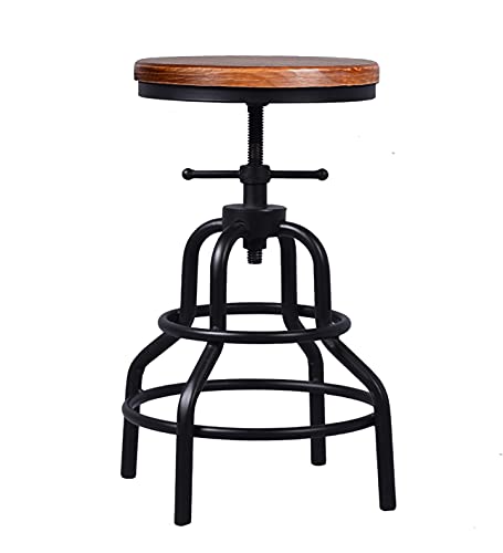 American Antique Industrial Design Metal Adjustable Height Bar Stool Chair Kitchen Dining Breakfast Chair Natural Pinewood Industrial Style (Black 2pcs)