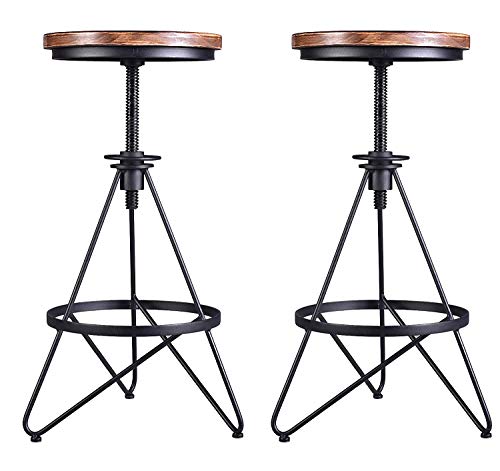 Vintage Industrial Bar Stool Metal Frame Wood Top Adjustable Height Swivel Home Kitchen Restaurant Metal Bar Chairs 24-30 Inch Set of 2 Stools