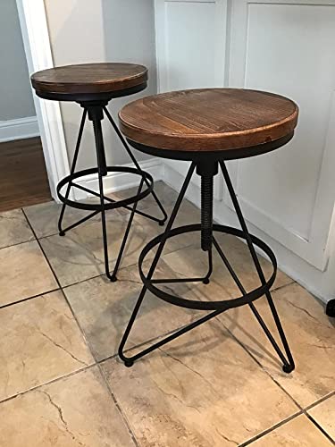 Vintage Industrial Bar Stool Metal Frame Wood Top Adjustable Height Swivel Home Kitchen Restaurant Metal Bar Chairs 24-30 Inch Set of 2 Stools