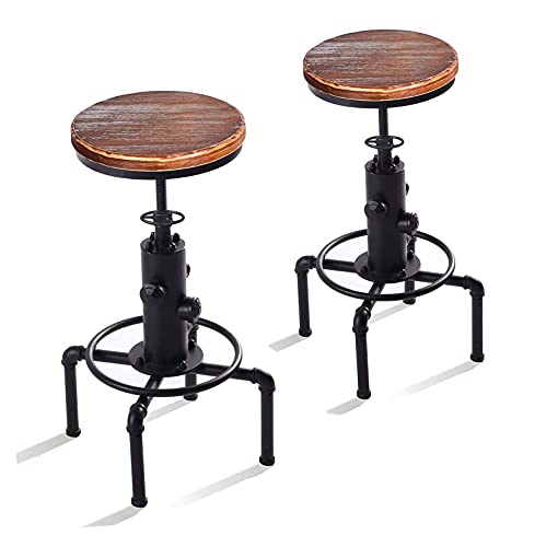 Vintage Industrial Bar Stools,Kitchen Counter Bar Stool Height Adjustable 23.6"-29.5" Swivel Bar Stool, Solid Wood Water Pipe Fire Cafe Pub Bar Stool,Set of 2, Black