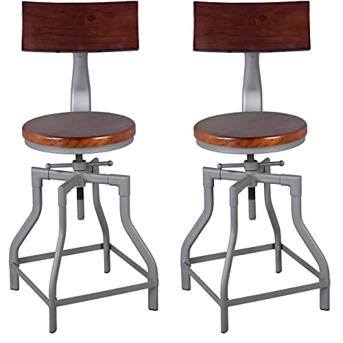 Bar Stools with Backs Set of 2-Adjustable Swivel Farmhouse Kitchen Counter Breakfast Stools-19-23 Inch Seat Height Short Industrial Barstools-Silver Grey Metal Walnut Finish Wood-Heavy Duty