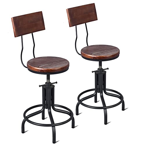 American Industrial Antique Design Adjustable Height Kitchen Dining Breakfast Chair Metal Bar Stool with Backrest Fully Welded Set of 2