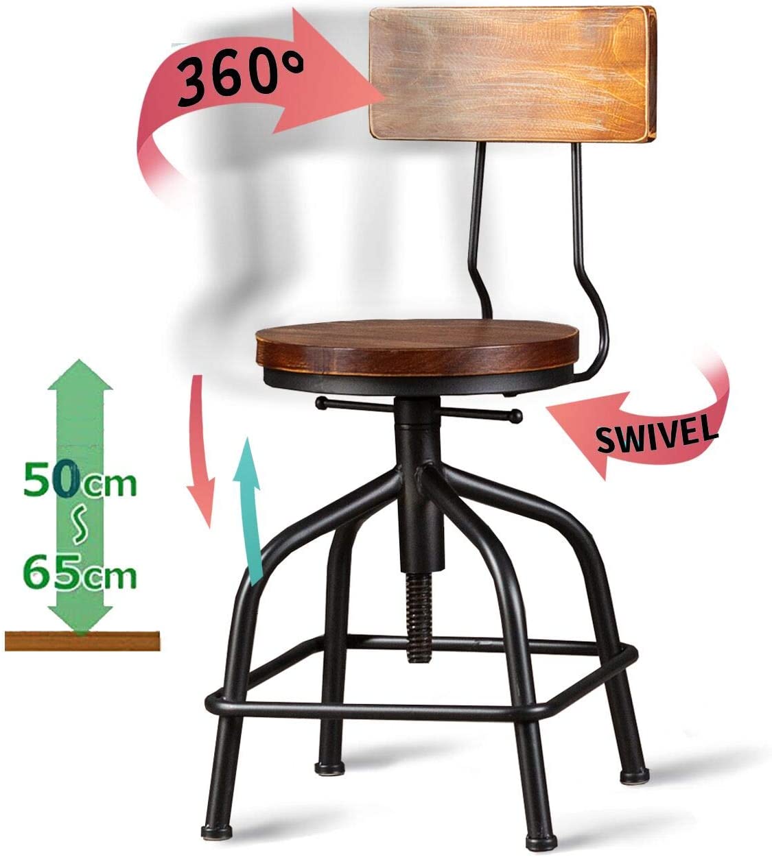 American Antique Industrial Design Black Metal Bar Stool Adjustable Swivel Counter Stools Indoor House Design Set of 2