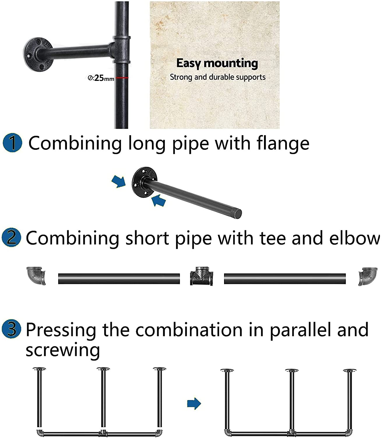 DIY Industrial Black Pipe Bookshelf Wall Ceiling Mounted Open Bookshelf Parts Bracket Kit DIY Project